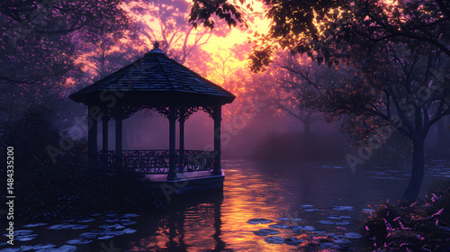 A serene twilight gazebo offering a peaceful refuge between day and night, bathed in soft, calming light. nightfall. illustration. [Seraphic Depths] | Glow Sanctuary | light refuge. Illustration