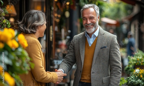 Outdoor business professionals exchanging a handshake.