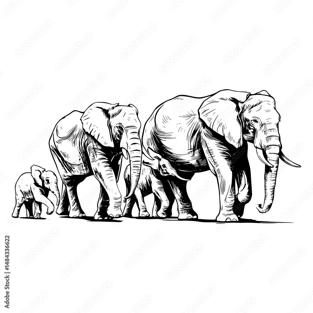 Fototapeta premium Group of elephants walking in a line with baby elephants on a white background in simple black and white line drawing showing animal family and wild nature love and care