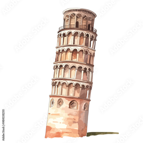Leaning Tower of Pisa cute watercolors illustration isolated on white background