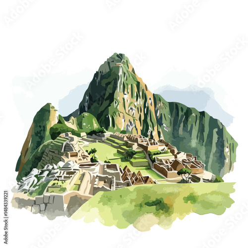 Machu Picchu cute watercolors illustration isolated on white background