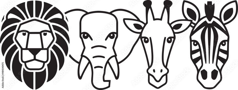 Fototapeta premium Group of wild animal heads in black and white line style including lion elephant zebra giraffe and monkey drawn in a simple style on white background 