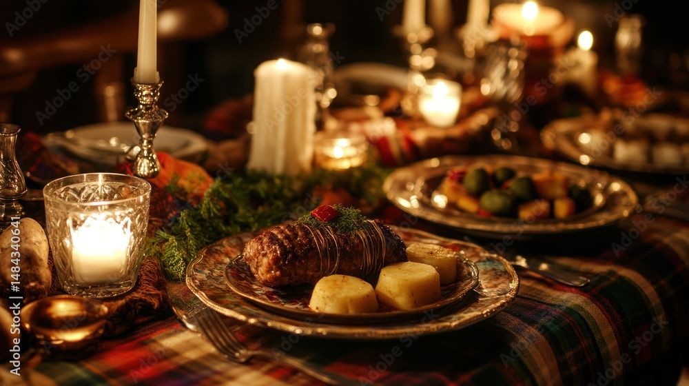 Naklejka premium Cozy Candlelit Dinner: A Festive Table Setting
