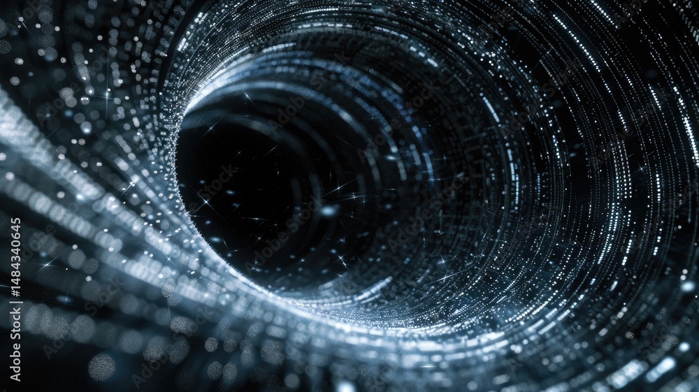 Obraz premium Abstract glowing vortex with colorful particles on a dark background. Digital art for design and print of black hole with swirling liquid or stone in galaxy with glowing mater. Planet concept. AIG53.