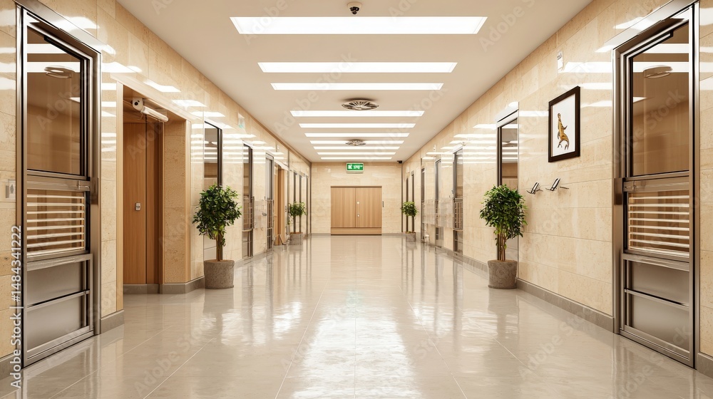A brightly lit, modern hallway with elevators, potted plants, and artwork provides a clean and spacious passage in a building with a minimalist design style. A brightly lit, modern hallway with elevators, potted plants, and artwork provides a clean and spacious passage in a building with a minimalist design style.