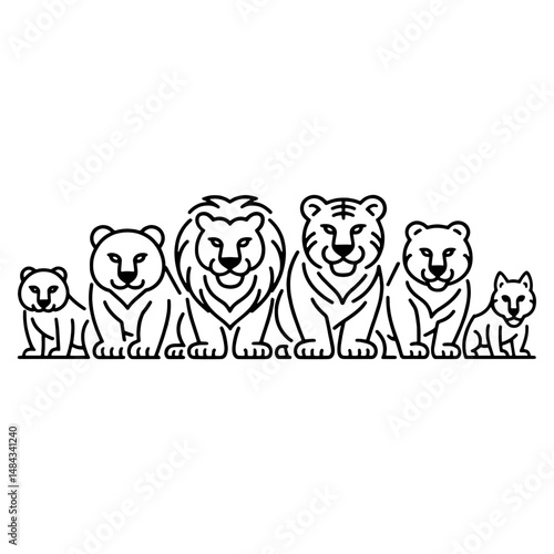 Cute lion family of five sitting together in black and white showing love care and bond between wild animals drawn with simple lines