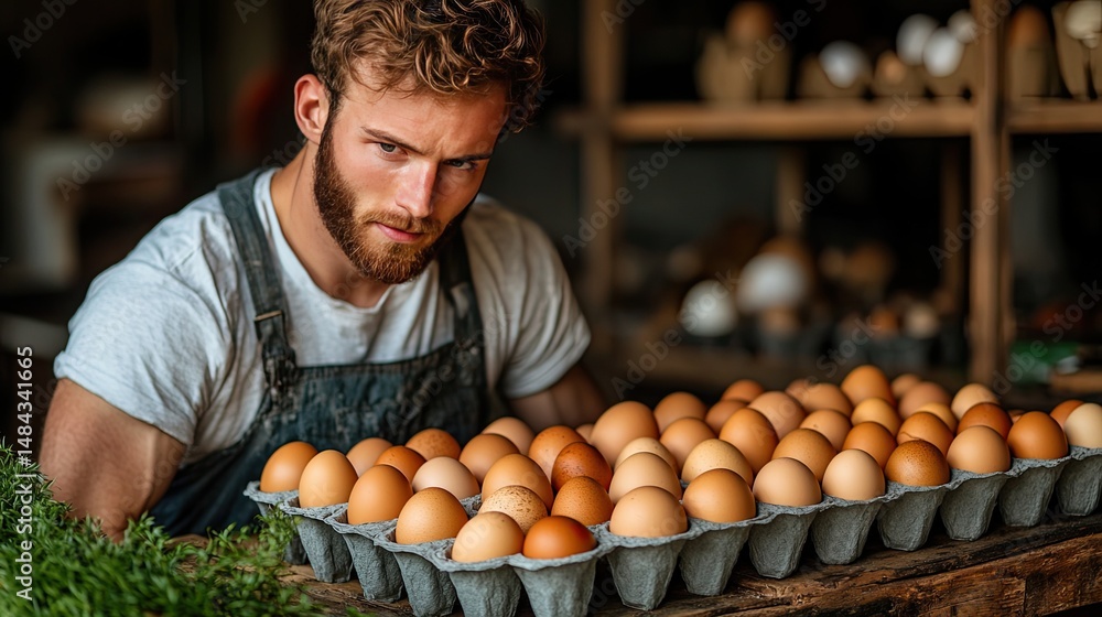Fototapeta premium Farmer with fresh eggs with rustic barn.