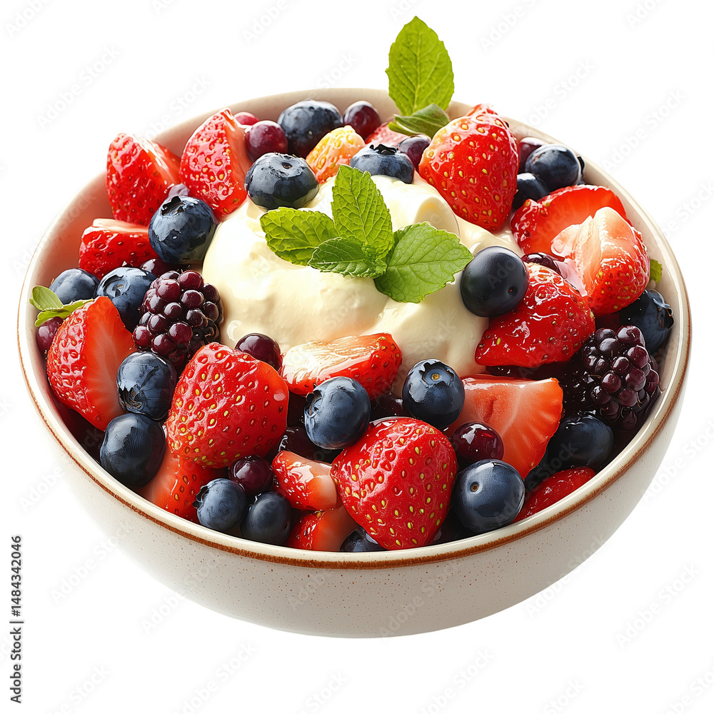 Obraz premium Delicious fruit salad with fresh berries and cream for healthy eating isolated on transparent background png