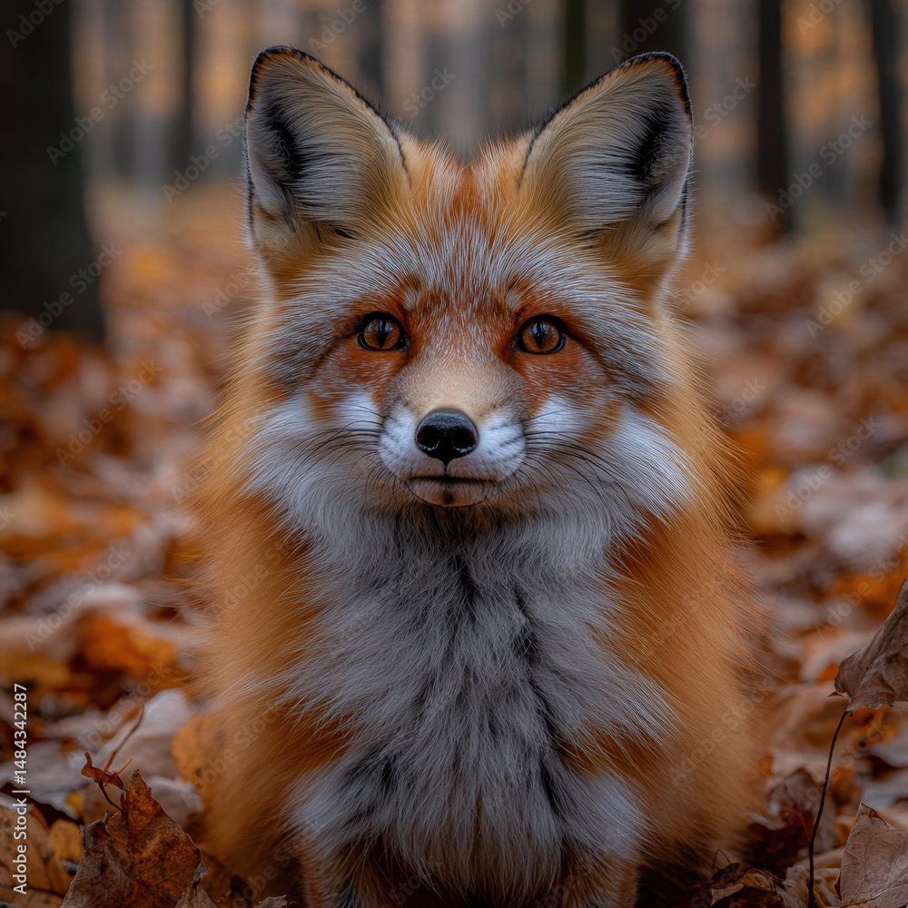 Fototapeta premium Fox wandering through leaf-covered forest floor.
