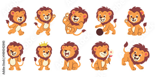 Cute Lion Mascot Character, Lion Roaring, Sitting, Playing Ball