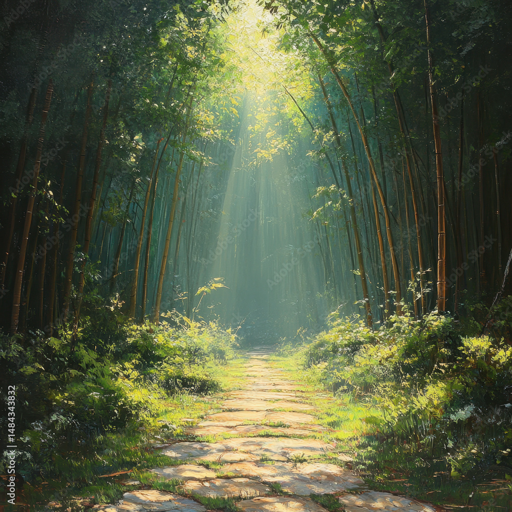 Fototapeta premium A path winding through a forest in a painting.