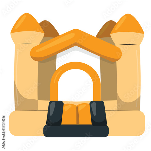 Bouncy inflatable castle. Tower and equipment for child playground. Inflatable bouncy castle for kids summer games on playground. Children's trampoline design. Vector flat illustration isolated.