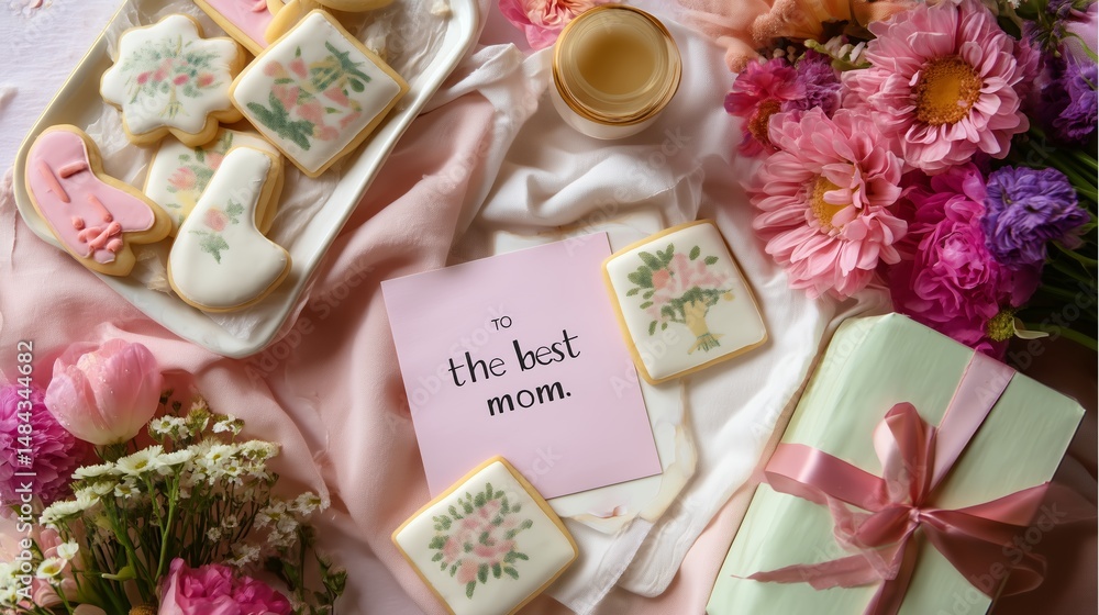 Celebrating love with decorated cookies and flowers for mom on a special day