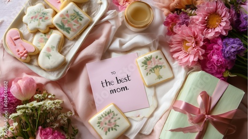 Obraz na płótnie Celebrating love with decorated cookies and flowers for mom on a special day w salonie