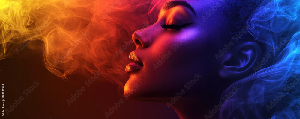 A woman with a red and blue smokey background. The woman is looking at the camera with a smile A woman with a red and blue smokey background. The woman is looking at the camera with a smile