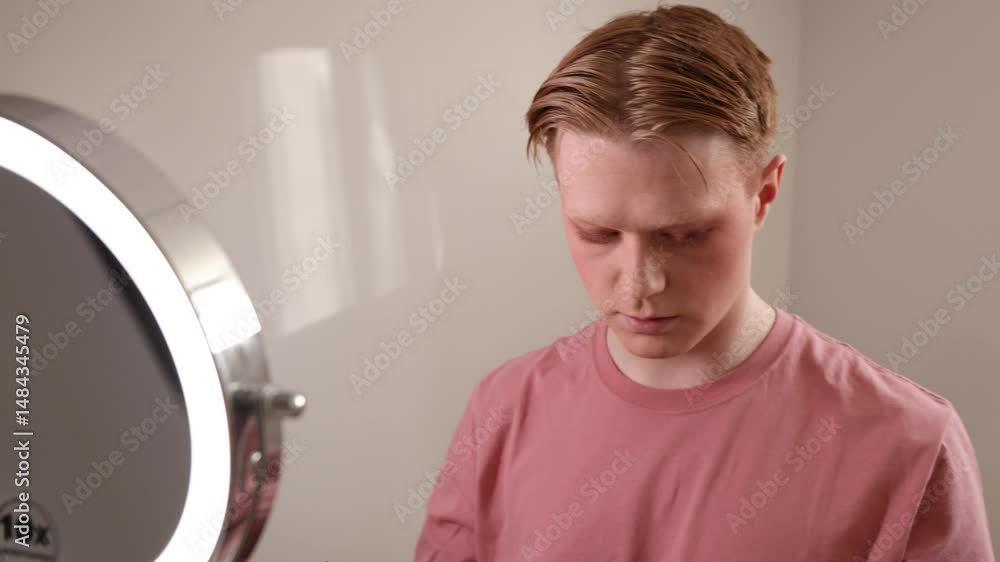 Man Applying Eyeliner Makeup Closeup Grooming Routine
A close-up of a young man applying eyeliner while looking into a ring-lit vanity mirror. Man Applying Eyeliner Makeup Closeup Grooming Routine
A close-up of a young man applying eyeliner while looking into a ring-lit vanity mirror.