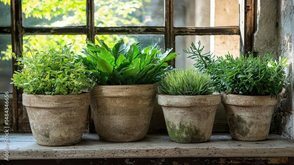 Vibrant Green Foliage in Rustic Clay Plant Pots Vibrant Green Foliage in Rustic Clay Plant Pots