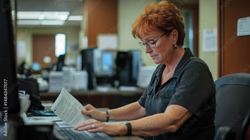 A woman in a black shirt is sitting at a desk in an office, reading a document. A woman in a black shirt is sitting at a desk in an office, reading a document.
