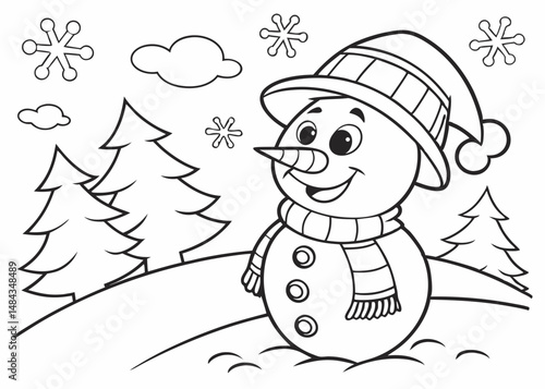 Coloring Page Outline Of a cartoon snowman Coloring Page Colored Illustration
