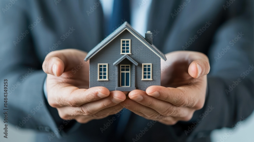 A man in a suit holding a small model house in his hands. A man in a suit holding a small model house in his hands.
