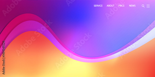 Website landing page template in glassmorphism style. Horizontal Website screen with glass overlay effect isolated on abstract background with liquid gradient shapes. eps 10