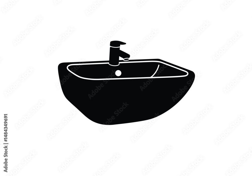 Obraz premium Sink silhouette. This image is a black silhouette of a sink with a faucet, commonly found in bathrooms and kitchens for washing. Vector clipart illustration design.