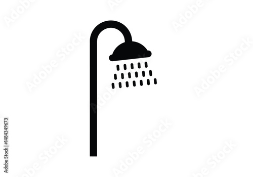 Shower silhouette. This image is a black silhouette of a shower head with falling water droplets, representing washing and cleanliness. Vector clipart illustration design.