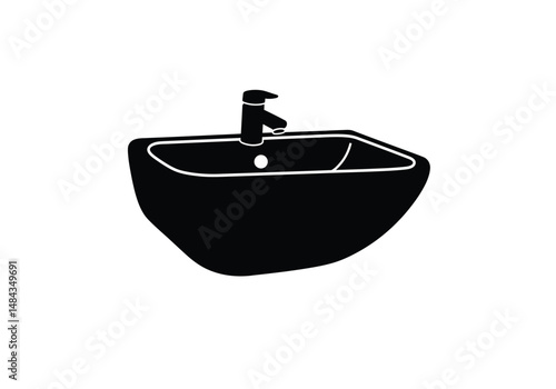 Sink silhouette. This image is a black silhouette of a sink with a faucet, commonly found in bathrooms and kitchens for washing. Vector clipart illustration design.