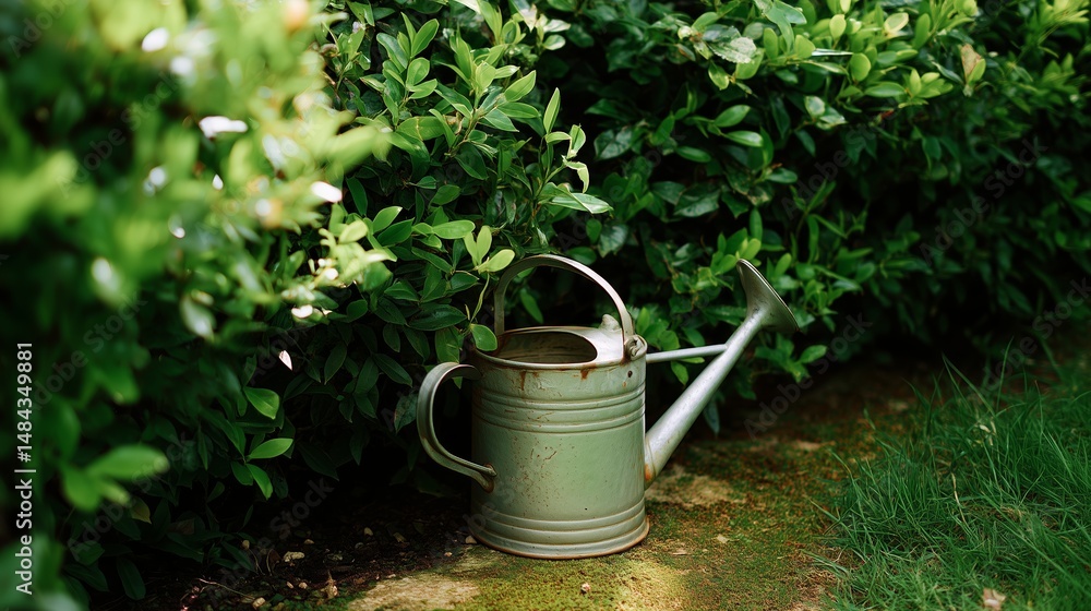 Vintage watering can resting beside a lush green hedge in a sunny garden during midday