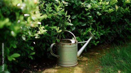 Obraz na płótnie Vintage watering can resting beside a lush green hedge in a sunny garden during midday w salonie