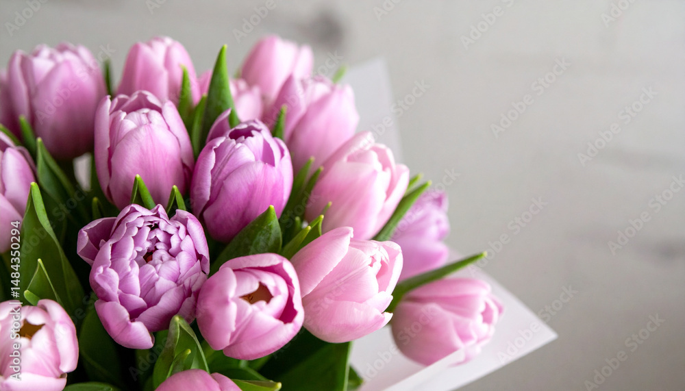 Obraz premium Pink tulip bouquet with green leaves on soft blurred background, fresh spring flowers for gift or decoration, vibrant and delicate petals in natural light