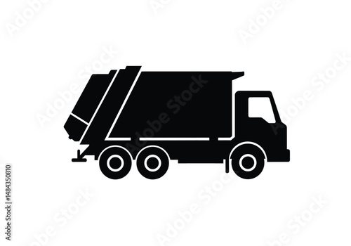 Trash truck silhouette. This image is a black silhouette of a garbage truck, a vehicle used for collecting and transporting waste. Vector clipart illustration design.