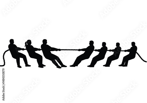 Tug of war silhouette. This image is a black silhouette of two teams engaged in a tug-of-war competition, pulling a rope with great effort. Vector clipart illustration design.