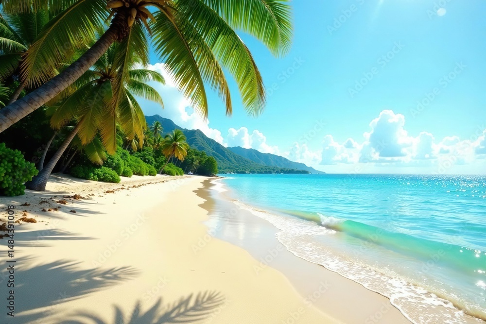 Obraz premium Golden sand, clear blue water, bright sunshine on a tropical beach , sunny, shoreline, clouds