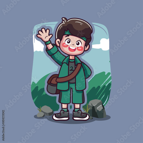 Cartoon Style Cheerful Boy Hiking Illustration with Backpack and Waving Hand