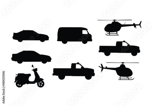 Vehicles silhouette. This image is a black silhouette showing a variety of vehicles, including cars, trucks, and buses, representing transportation. Vector clipart illustration design.