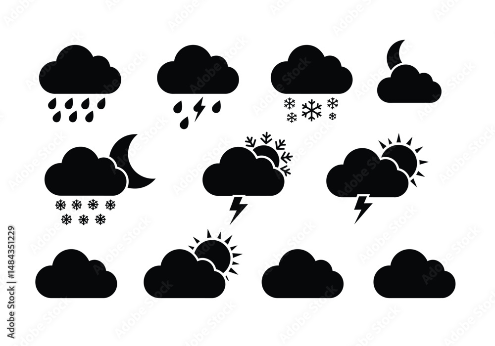 Weather silhouette. This image is a black silhouette depicting various weather conditions with clouds, rain, snow, sun, moon, and lightning. Vector clipart illustration design. Weather silhouette. This image is a black silhouette depicting various weather conditions with clouds, rain, snow, sun, moon, and lightning. Vector clipart illustration design.