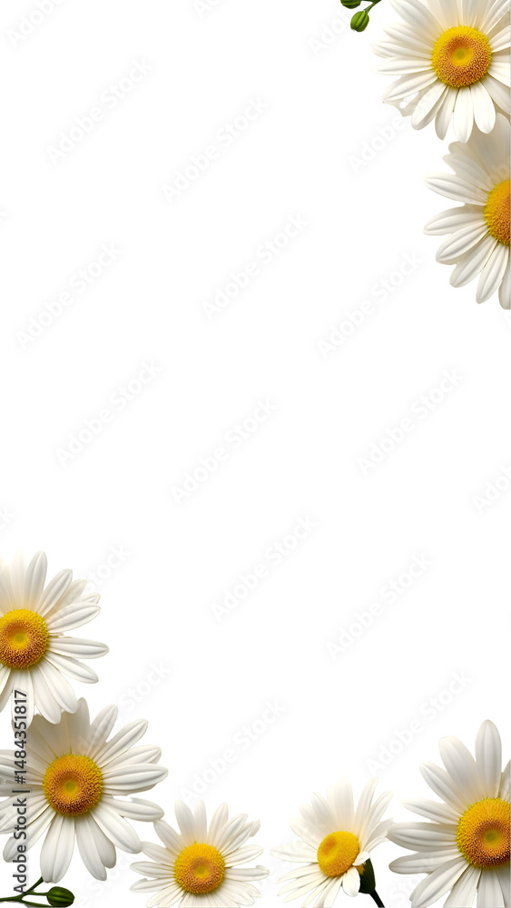 Fototapeta premium Elegant White Daisy Floral Border – Perfect for Spring and Summer Invitations, Greeting Cards, Wedding Templates, and Botanical Designs.