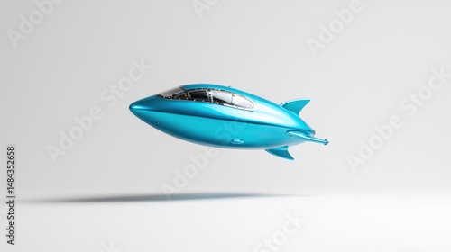 A spaceship with a metallic blue finish hovering in a studio, balanced layout, copy space on the right, premium commercial style