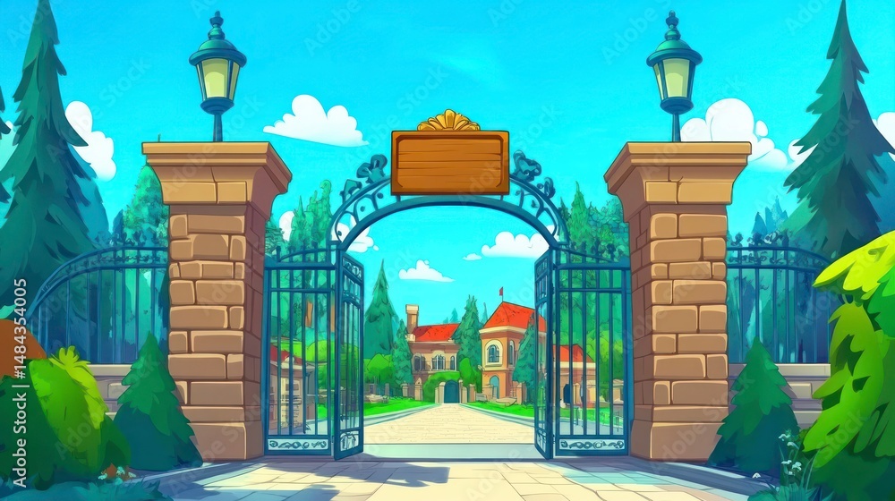 Fototapeta premium Open school gate, sunny campus, classic architecture