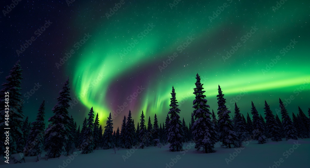 Christmas Background: Observing Aurora Borealis Over Snow Covered Forest at Night Christmas Background: Observing Aurora Borealis Over Snow Covered Forest at Night