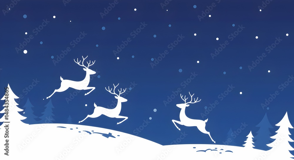 Christmas Background: Reindeer Jumping in Winter Landscape at Night with Snow Christmas Background: Reindeer Jumping in Winter Landscape at Night with Snow