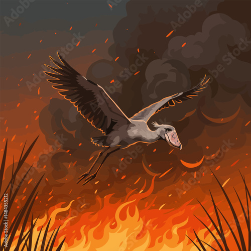 Bird Flying Over Fire Illustration with Dramatic Smoke and Grass