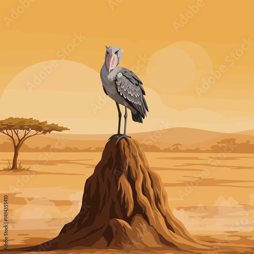 Shoebill Stork Standing Atop Mound in African Savannah Landscape
