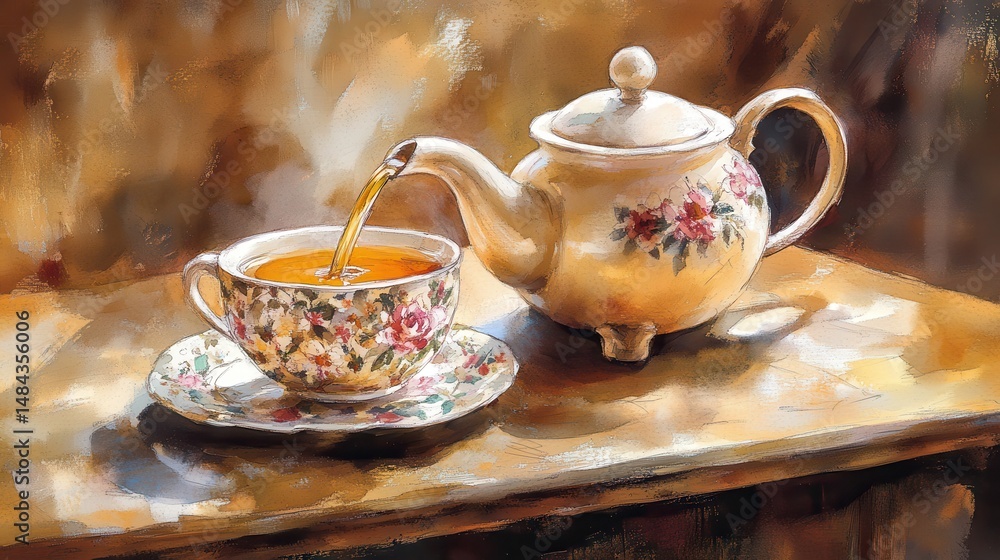 Fototapeta premium Vintage Afternoon Tea Still Life Artistic Impression of Flowing