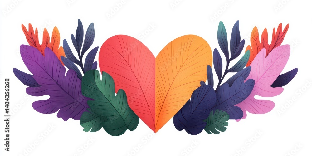 Fototapeta premium Colorful heart leaves botanical abstract illustration. Decorative love nature arrangement. Floral element, abstract art, creative design, modern greeting, romantic pattern, vibrant background.