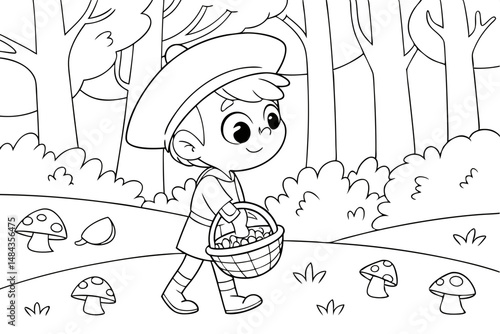 Coloring Page Outline Of cartoon little boy with a basket for mushrooms in the forest. Coloring Book for kids