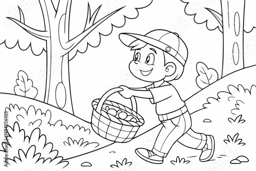 Coloring Page Outline Of cartoon little boy with a basket for mushrooms in the forest. Coloring Book for kids