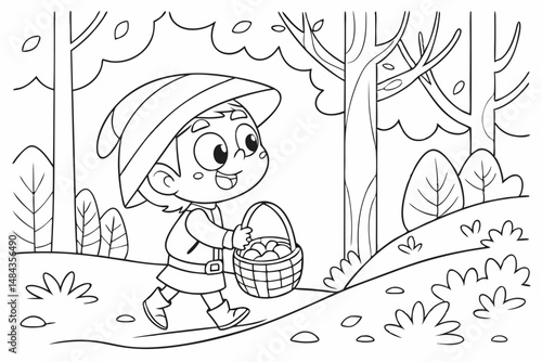 Coloring Page Outline Of cartoon little boy with a basket for mushrooms in the forest. Coloring Book for kids