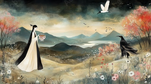 Serene landscape with figure holding a bowl and birds a blend of